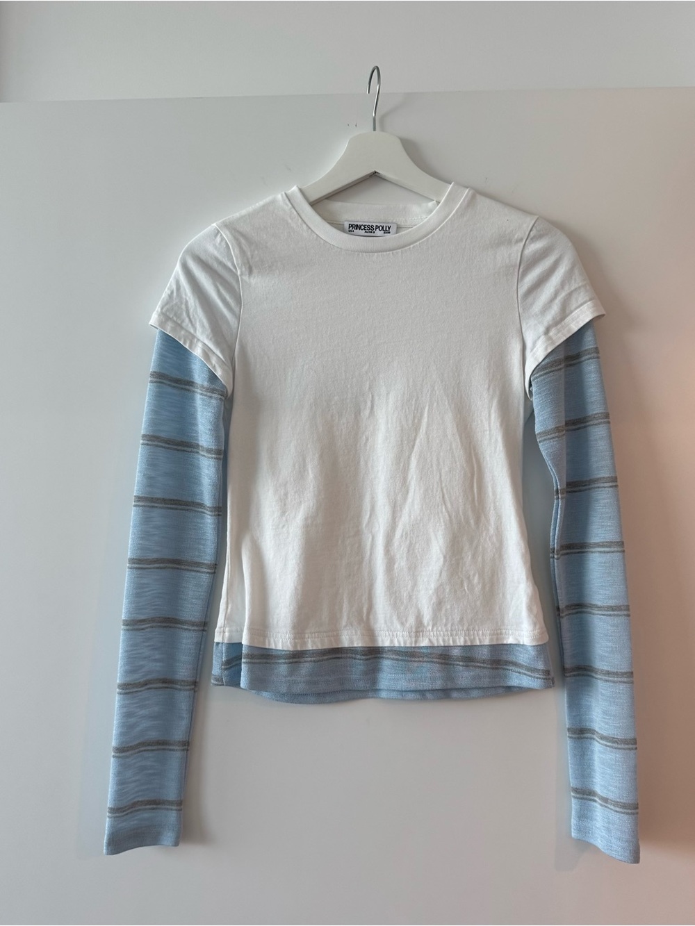 Princess Polly Layered-Look White Tee with Light Blue Striped Sleeves